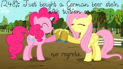 Size: 500x281 | Tagged: safe, fluttershy, pinkie pie, earth pony, pegasus, pony, beer stein, mug, texts from ponyville, tumblr