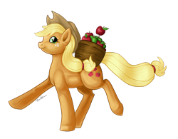 Size: 1300x1013 | Tagged: safe, artist:trunksi, applejack, earth pony, pony, apple, basket, food, simple background, solo