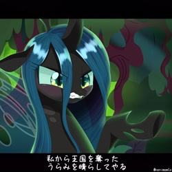 Size: 2048x2048 | Tagged: safe, artist:nanima, queen chrysalis, changeling, changeling queen, season 8, the mean 6, spoiler:s08, blushing, cute, cutealis, eye clipping through hair, female, japanese, scene interpretation, solo, subtitles, translated in the comments