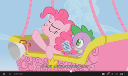 Size: 854x510 | Tagged: safe, screencap, pinkie pie, spike, dragon, earth pony, pony, fall weather friends, hot air balloon, megaphone, microphone, twinkling balloon, youtube caption