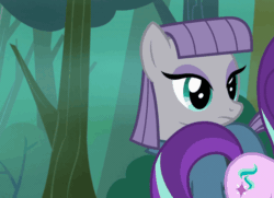 Size: 700x508 | Tagged: safe, screencap, maud pie, starlight glimmer, earth pony, pony, unicorn, rock solid friendship, animated, eyes on the prize, female, gif, irrational exuberance, mare, out of context, plot, smiling, when she smiles