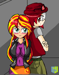 Size: 1024x1303 | Tagged: safe, artist:neutralchilean, sunset shimmer, oc, oc:hyper active, equestria girls, blushing, breasts, canon x oc, female, humanized, male, shipping, straight, sunset jiggler