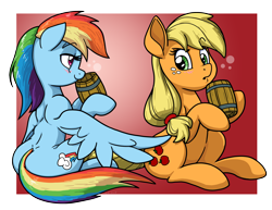 Size: 3300x2550 | Tagged: safe, artist:latecustomer, derpibooru import, applejack, rainbow dash, earth pony, pegasus, pony, apple cider, appledash, blushing, butt touch, cider, feathermarking, female, lesbian, mare, never doubt tchernobog's involvement, shipping, sitting, wings