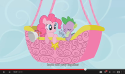 Size: 854x510 | Tagged: safe, screencap, pinkie pie, spike, dragon, earth pony, pony, fall weather friends, hot air balloon, megaphone, microphone, prayer, twinkling balloon, youtube caption