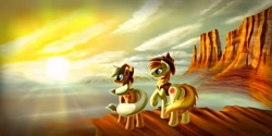 Size: 1600x800 | Tagged: safe, artist:pyrestorm, applejack, braeburn, earth pony, pony, scenery, sunrise