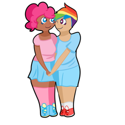 Size: 2000x2000 | Tagged: safe, artist:sadyuri, derpibooru import, edit, pinkie pie, rainbow dash, human, clothes, female, humanized, lesbian, pinkiedash, shipping, skirt