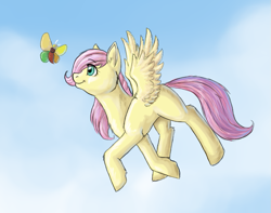 Size: 609x479 | Tagged: safe, artist:170th, fluttershy, butterfly, pegasus, pony, filly, flying