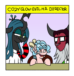 Size: 1056x1076 | Tagged: safe, artist:cowsrtasty, cozy glow, lord tirek, queen chrysalis, centaur, changeling, changeling queen, pony, frenemies (episode), dilbert, female, filly, foal, glasses, lilac background, male, necktie, nose piercing, nose ring, piercing, simple background, style emulation