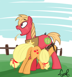 Size: 891x951 | Tagged: safe, artist:fiarel, applejack, big macintosh, earth pony, fly, pony, butt, engrish in the description, female, holster, incest, male, plot, stallion, surprised, wide eyes