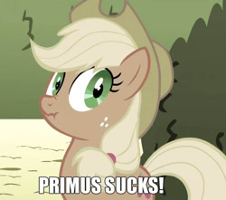 Size: 803x711 | Tagged: safe, applejack, earth pony, pony, female, liar face, liarjack, meme, primus, solo