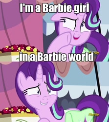 Size: 1256x1406 | Tagged: safe, edit, edited screencap, screencap, starlight glimmer, pony, unicorn, rock solid friendship, aqua, barbie, barbie girl, discovery family logo, exploitable meme, image macro, kelly sheridan, meme, shrunken pupils, solo, song reference, starlight's confessions, sweat, voice actor joke