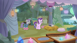 Size: 1920x1080 | Tagged: safe, screencap, maud pie, starlight glimmer, pony, rock solid friendship, bed, book, cave, clothes, crystal, curtains, cushion, gem, jar, lantern, maud's cave, rock, rug, slippers