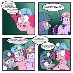 Size: 1125x1125 | Tagged: safe, artist:zanezandell, maud pie, pinkie pie, starlight glimmer, pony, rock solid friendship, comic, forced shipping, helmet, implied lesbian, implied shipping, implied starmaud, mining helmet, pinkie the shipper, shipper on deck