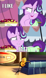 Size: 1005x1689 | Tagged: safe, edit, edited screencap, screencap, starlight glimmer, pony, unicorn, rock solid friendship, barry benson, bee movie, discovery family logo, dreamworks, exploitable meme, image macro, jazz, meme, shrunken pupils, solo, starlight's confessions, sweat, ya like jazz?