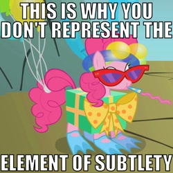 Size: 720x720 | Tagged: safe, edit, edited screencap, screencap, pinkie pie, earth pony, pony, dragonshy, balloon, bow, caption, costume, cropped, image macro, present, reaction image, solo, sunglasses