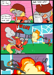 Size: 697x967 | Tagged: safe, artist:metal-kitty, big macintosh, derpy hooves, earth pony, pegasus, pony, bipedal, comic, death, derpy soldier, explosion, female, gun, heavy, heavy mac, male, mare, meet the soldier, rocket launcher, soldier, stallion, team fortress 2, weapon