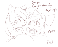 Size: 830x670 | Tagged: safe, artist:japananon, artist:昔の傷口, apple bloom, applejack, earth pony, pony, dialogue, monochrome, mouth hold, simple background, white background, working