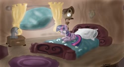 Size: 1230x665 | Tagged: safe, artist:katrina-mae, derpibooru import, twilight sparkle, magical mystery cure, bed, bedroom, clock, golden oaks library, scene interpretation, solo