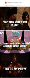 Size: 669x1746 | Tagged: safe, edit, edited screencap, editor:pony-berserker, screencap, cozy glow, lord tirek, queen chrysalis, changeling, changeling queen, pegasus, pony, frenemies (episode), comic, conan the barbarian, female, filly, foal, impact font, meme, meta, screencap comic, that's my x, twitter