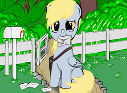 Size: 1048x762 | Tagged: safe, artist:eternyan, derpy hooves, pegasus, pony, female, letter, mare, mouth hold, solo, underp