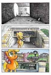 Size: 4764x7047 | Tagged: safe, artist:smellslikebeer, applejack, earth pony, pony, absurd resolution, comic, crosshatch, filly, ink, manehattan, partial color, traditional art