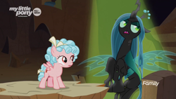 Size: 1920x1080 | Tagged: safe, screencap, cozy glow, queen chrysalis, changeling, changeling queen, pegasus, pony, frenemies (episode), better way to be bad, duo, female, filly, foal, spotlight