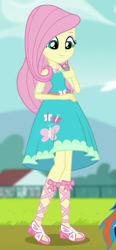 Size: 400x865 | Tagged: safe, derpibooru import, screencap, fluttershy, rainbow dash, better together, equestria girls, the finals countdown, clothes, cropped, cute, dress, feet, female, geode of fauna, magical geodes, outfit catalog, sandals, solo