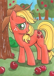 Size: 300x421 | Tagged: safe, artist:blightedangel, applejack, earth pony, pony, apple, food, solo, traditional art, tree