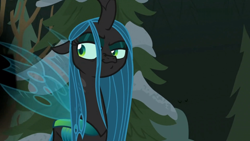 Size: 1824x1026 | Tagged: safe, screencap, queen chrysalis, changeling, changeling queen, frenemies (episode), female, freckles, sideways glance, smug, solo