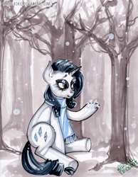 Size: 847x1090 | Tagged: safe, artist:madblackie, rarity, pony, unicorn, clothes, scarf, snow, snowfall, solo