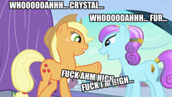 Size: 1920x1080 | Tagged: safe, edit, edited screencap, screencap, applejack, sapphire joy, crystal pony, earth pony, pony, caption, out of context, text, vulgar