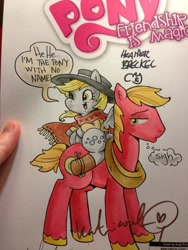 Size: 768x1024 | Tagged: safe, artist:angieness, artist:katiecandraw, big macintosh, derpy hooves, earth pony, pony, clint eastwood, clothes, hat, katie does it again, male, meta, movie reference, ponies riding ponies, riding, speech bubble, stallion, that one nameless background pony we all know and love, the man with no name, the pony with no name, traditional art