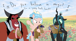 Size: 2400x1300 | Tagged: safe, artist:mightyshockwave, cozy glow, lord tirek, queen chrysalis, centaur, changeling, changeling queen, pegasus, pony, frenemies (episode), biting, choking, do you believe in magic?, doll, female, filly, foal, hammer, lyrics, male, nose piercing, nose ring, piercing, plushie, song reference, stock image, text, the lovin spoonful, toy, trio