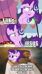 Size: 1256x2206 | Tagged: safe, edit, edited screencap, screencap, starlight glimmer, pony, rock solid friendship, bible verse, caption, christianity, cute, discovery family logo, exploitable meme, hug, jesus christ, meme, obligatory pony, religion, starlight's confessions, wavy mouth, wholesome, wholesome meme