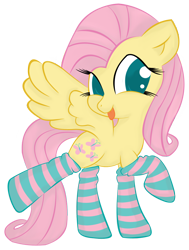 Size: 856x1135 | Tagged: safe, artist:hamatte, fluttershy, pegasus, pony, :p, clothes, smiling, socks, solo, striped socks