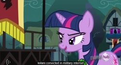 Size: 639x346 | Tagged: safe, derpibooru import, screencap, twilight sparkle, hub logo, internet, military, youtube caption