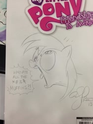 Size: 852x1136 | Tagged: safe, artist:andypriceart, derpy hooves, pegasus, pony, female, little tongue, mare, muffin, traditional art