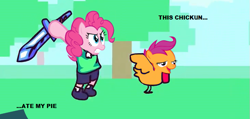 Size: 731x347 | Tagged: safe, edit, pinkie pie, scootaloo, chicken, earth pony, pony, chase, chickun, exploitable meme, forced meme, meme, sword, tree