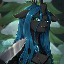 Size: 1500x1500 | Tagged: safe, artist:evomanaphy, queen chrysalis, anthro, changeling, changeling queen, frenemies (episode), amused, arrogant, blade, breasts, cleavage, clothes, crown, eyeshadow, fangs, female, floppy ears, former queen chrysalis, jewelry, knife, knife cat, lidded eyes, looking at you, makeup, meme, ponified animal photo, queen chrysaltits, raised eyebrow, regalia, smiling, smirk, smug, solo, threat