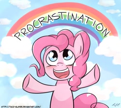 Size: 900x800 | Tagged: safe, artist:taco-slayer, pinkie pie, earth pony, pony, cross-eyed, happy, i have done nothing productive all day, idiot box, open mouth, parody, procrastination, rainbow, smiling, solo, spongebob squarepants