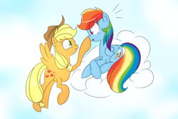 Size: 1024x683 | Tagged: safe, artist:jankrys00, derpibooru import, applejack, rainbow dash, pegasus, pony, :o, appledash, boop, cloud, cloudy, crying, cute, eye contact, female, flapplejack, flying, lesbian, nose wrinkle, prone, race swap, shipping, smiling, spread wings, surprised, wide eyes