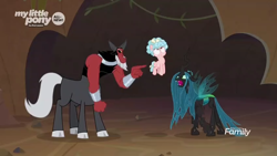 Size: 1600x900 | Tagged: safe, screencap, cozy glow, lord tirek, queen chrysalis, centaur, changeling, changeling queen, pegasus, pony, frenemies (episode), argument, cloven hooves, cozy glow is not amused, discovery family logo, female, filly, foal, former queen chrysalis, male, trio