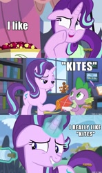 Size: 1256x2118 | Tagged: safe, edit, edited screencap, screencap, spike, starlight glimmer, dragon, pony, unicorn, every little thing she does, rock solid friendship, bedroom eyes, caption, exploitable meme, female, hundreds of users filter this tag, implied shipping, kite, lip bite, male, meme, pointing, screencap comic, shipping, sparlight, starlight's confessions, starlight's room, straight, whispering