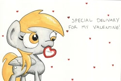 Size: 1193x796 | Tagged: safe, artist:getchanoodlewet, derpy hooves, pegasus, pony, female, heart, mare, mouth hold, solo, valentine