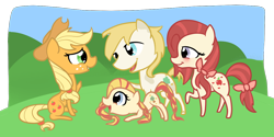 Size: 1200x600 | Tagged: safe, artist:otterlore, applejack, earth pony, pony, g1, apple delight family, baby apple delight, daddy apple delight, family, filly, g1 to g4, generation leap, mommy apple delight, simple background, transparent background