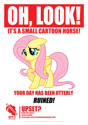 Size: 2480x3508 | Tagged: safe, artist:bamthand, fluttershy, pegasus, pony, female, floppy ears, folded wings, mare, poster, raised hoof, smiling, solo, three quarter view, wings, your day is ruined