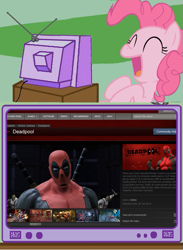 Size: 563x771 | Tagged: safe, pinkie pie, earth pony, pony, deadpool, exploitable meme, meme, steam, steam (software), tv meme, video game