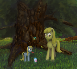 Size: 1587x1422 | Tagged: safe, artist:wollw, derpy hooves, fanfic:bubbles, derpy's mother, fanfic art, filly, tree