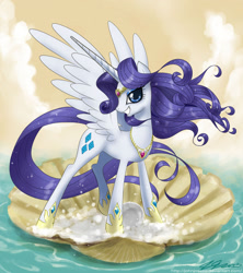 Size: 1200x1350 | Tagged: safe, artist:johnjoseco, rarity, alicorn, pony, alicornified, beautiful, bedroom eyes, birth of venus, clam, grin, happy, jewelry, looking at you, necklace, ocean, pearl, race swap, raricorn, seashell, smiling, smirk, solo, sparkles, the birth of venus