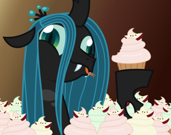 Size: 1150x912 | Tagged: safe, artist:lightning stripe, derpibooru exclusive, queen chrysalis, changeling, changeling queen, frenemies (episode), blue hair, crazylis, cupcake, cute, cutealis, derp, fangs, female, food, forked tongue, gradient background, green eyes, horn, show accurate, simple background, solo, that changeling sure does love cupcakes, tongue out